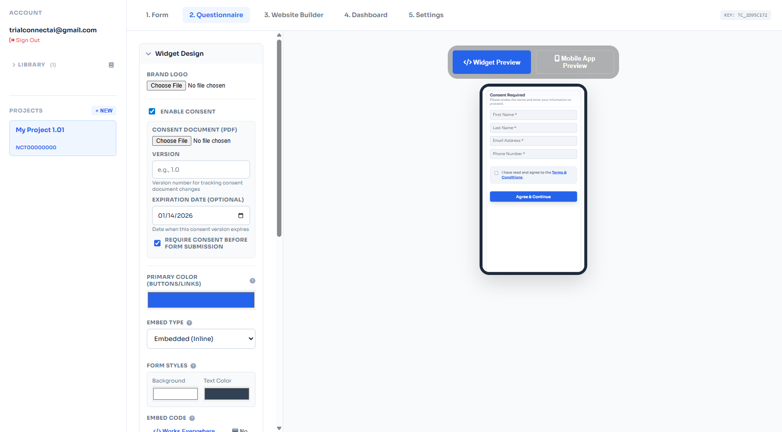 Consent widget without document